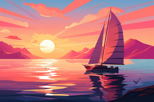 夕陽下平靜的海面上的帆船