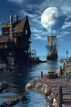 夢(mèng)幻般的月夜海邊小屋