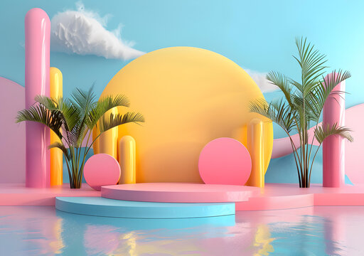 彩色夏季背景與展示臺(tái)