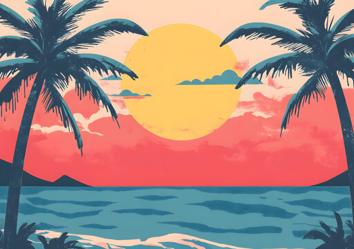 棕櫚樹下的海邊落日