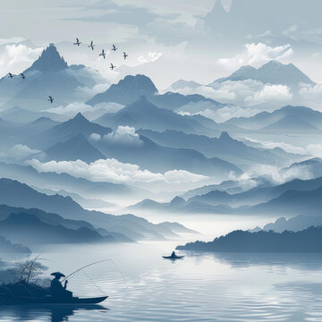 云海山峰漁船