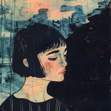 水彩畫短發(fā)女人側臉