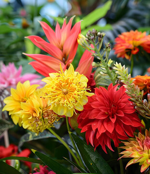 鮮艷的花朵盛開，花園里的花卉，花束