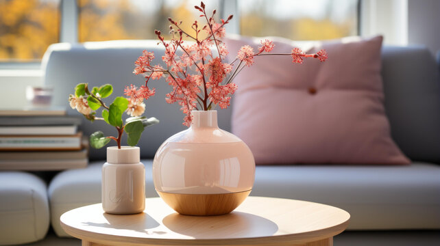 沙發(fā)旁花瓶里的粉色花朵
