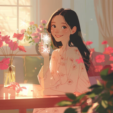 一個亞洲女孩在陽光下喝水