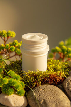 綠植巖石上的白色護(hù)膚霜瓶