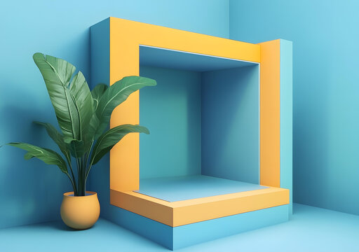 藍色和橙色調的抽象簡約3D渲染房間