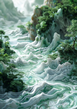 碧綠與白色的渲染山地景觀一條河流穿流其中