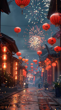 春節(jié)舞龍舞獅和煙花爆竹的街道場(chǎng)景
