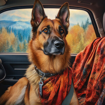 一只德國牧羊犬坐在車里看著窗外