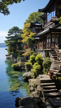 湖畔的東方住宅石階通向水邊