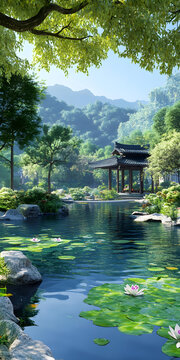 中國傳統(tǒng)園林景觀，亭臺樓閣，荷塘月色