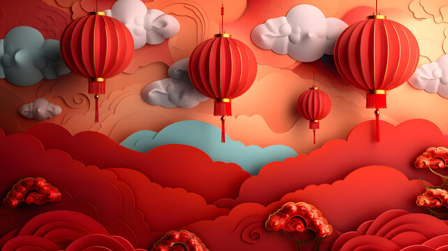 祥云紅燈籠剪紙背景圖