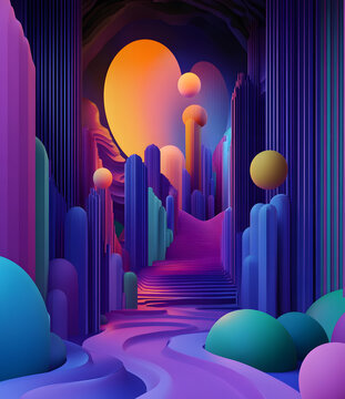 3D 形狀和彩色燈光構(gòu)成的抽象霓虹城市景觀