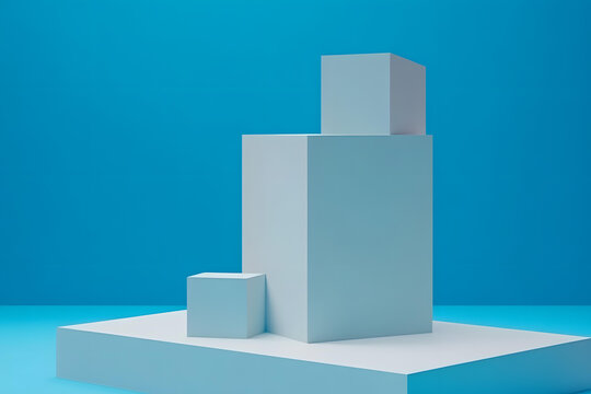 白色立方體藍色背景的極簡3D渲染