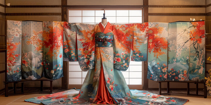 一件以富士山和秋葉為圖案的和服
