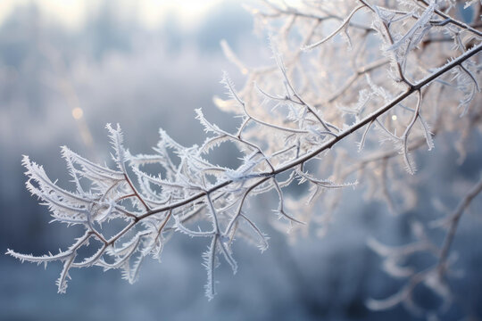 近距離拍攝一根被霜雪覆蓋的樹(shù)枝