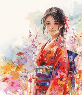 一個(gè)身穿紅色和服的亞洲女子站在花田里
