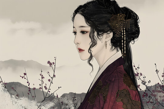 身穿韓國傳統(tǒng)服飾的年輕女子畫像