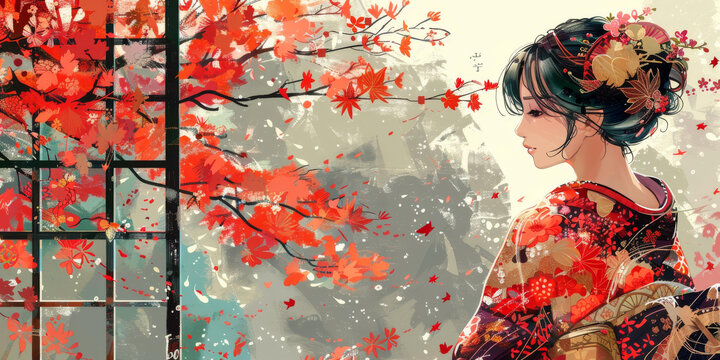 一個(gè)身穿和服的女子站在窗前，窗外是一片紅楓葉。