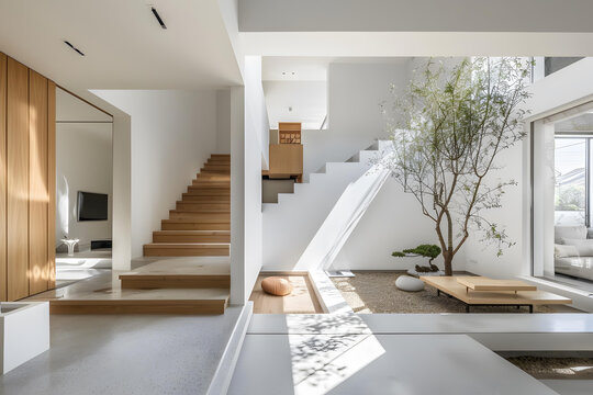 極簡現(xiàn)代風格住宅室內(nèi)設計，樓梯和小型禪意花園