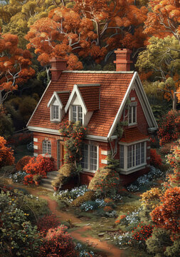 秋日森林紅磚小屋
