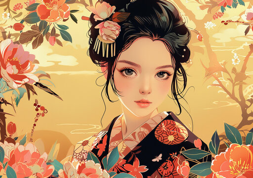 身穿和服的美麗日本女子站在花叢中。