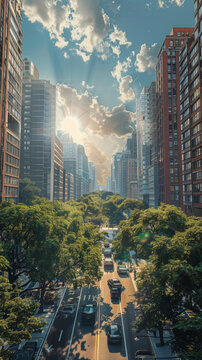 城市街景：摩天大樓與綠樹成蔭