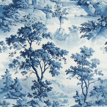 青花瓷風(fēng)格的藍(lán)白樹木和山脈壁紙
