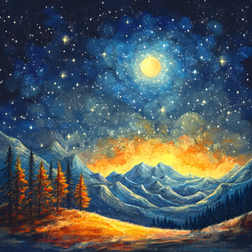 夜晚星空山脈風(fēng)景畫