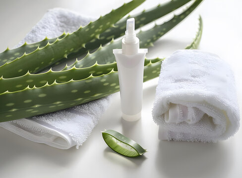 蘆薈植物與白色毛巾和乳液管
