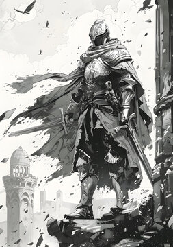 全副武裝的騎士站在廢墟墻壁上