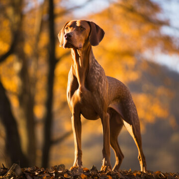 一只維茲拉獵犬站在落葉遍地的田野里