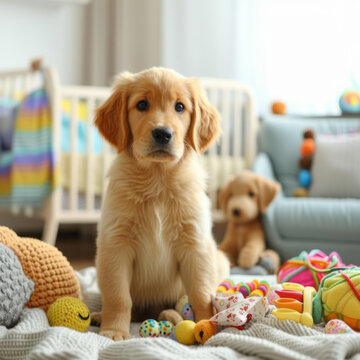 一只金毛獵犬幼犬坐在毯子上周圍環(huán)繞著玩具
