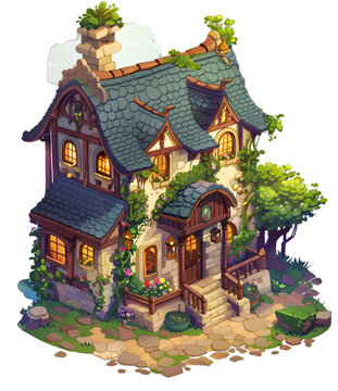 [免摳素材]童話風(fēng)格的綠色屋頂藤蔓小屋