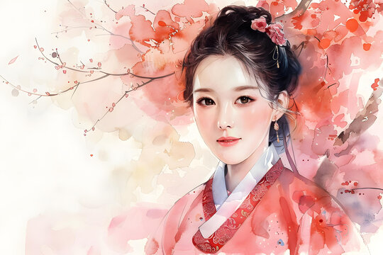 水彩畫韓國傳統(tǒng)服飾女子