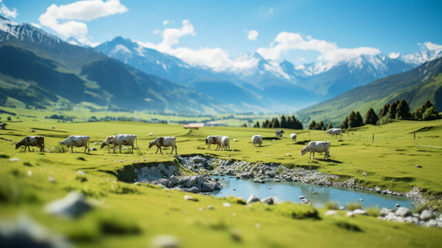 綠茵蔥蔥的高山牧場(chǎng)漫步牛群