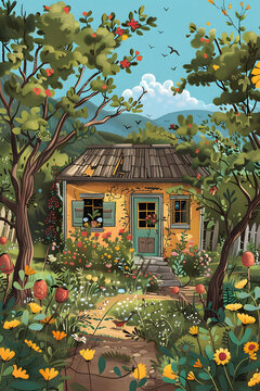 郁郁蔥蔥的花園里一座迷人的黃色小屋