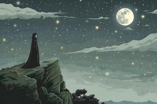站在懸崖邊的人影和星空
