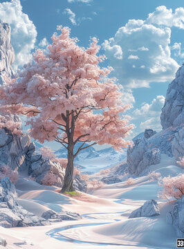皚皚雪山下的櫻花盛放風(fēng)景