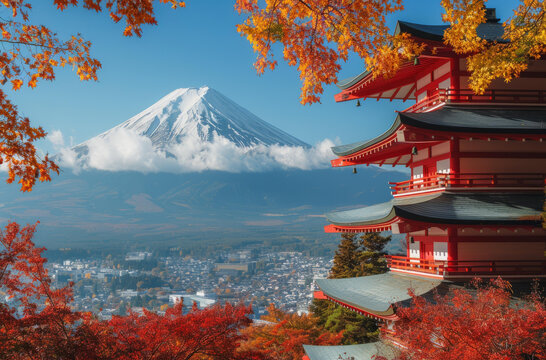 富士山紅塔秋景
