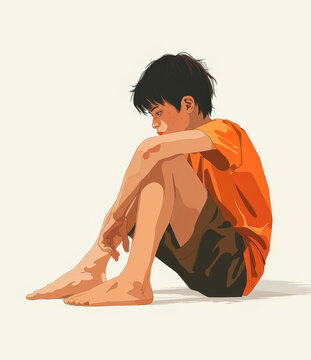 一個男孩坐在草地上雙膝抱在胸前