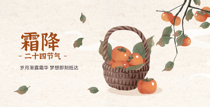 秋天柿子節(jié)氣霜降秋分水彩插畫