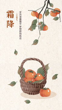 秋天柿子節(jié)氣霜降秋分水彩插畫