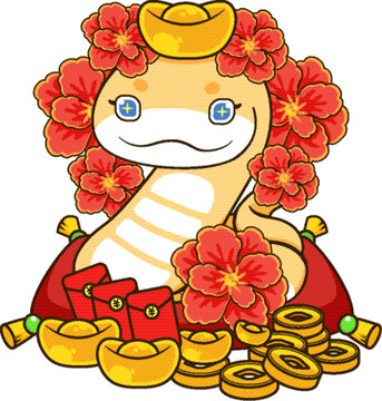 金蛇牡丹元寶新年插畫元素