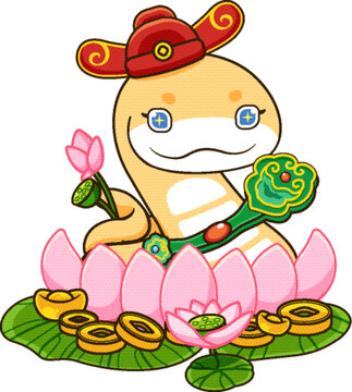 卡通金蛇財神荷花插畫元素