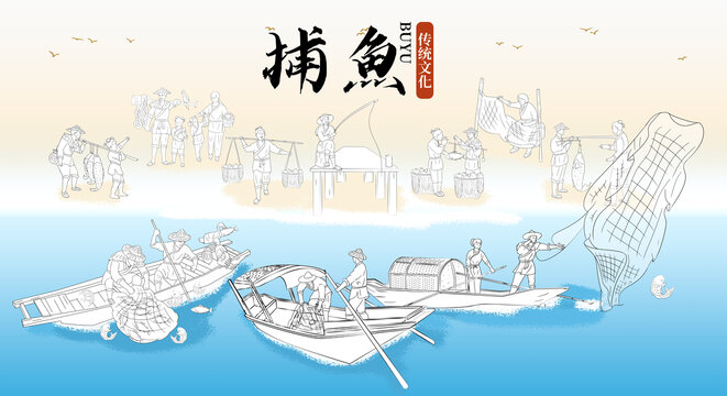 古代捕魚場景白描