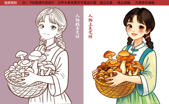 牛肝菌采蘑菇的小女孩
