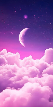 夢幻紫色星空，月亮和云朵