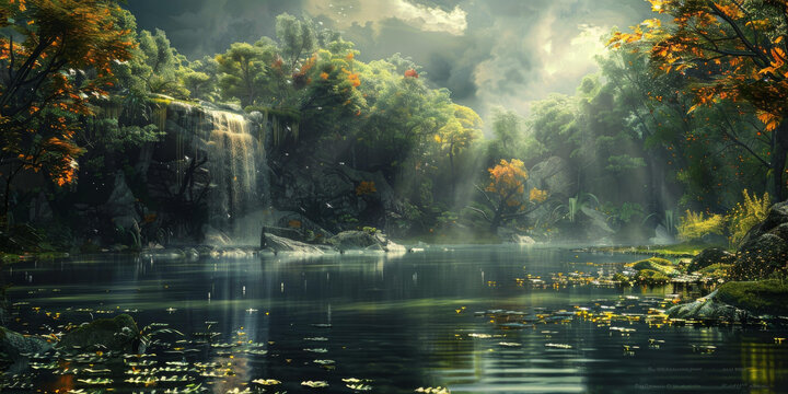 奇幻湖泊和瀑布景觀